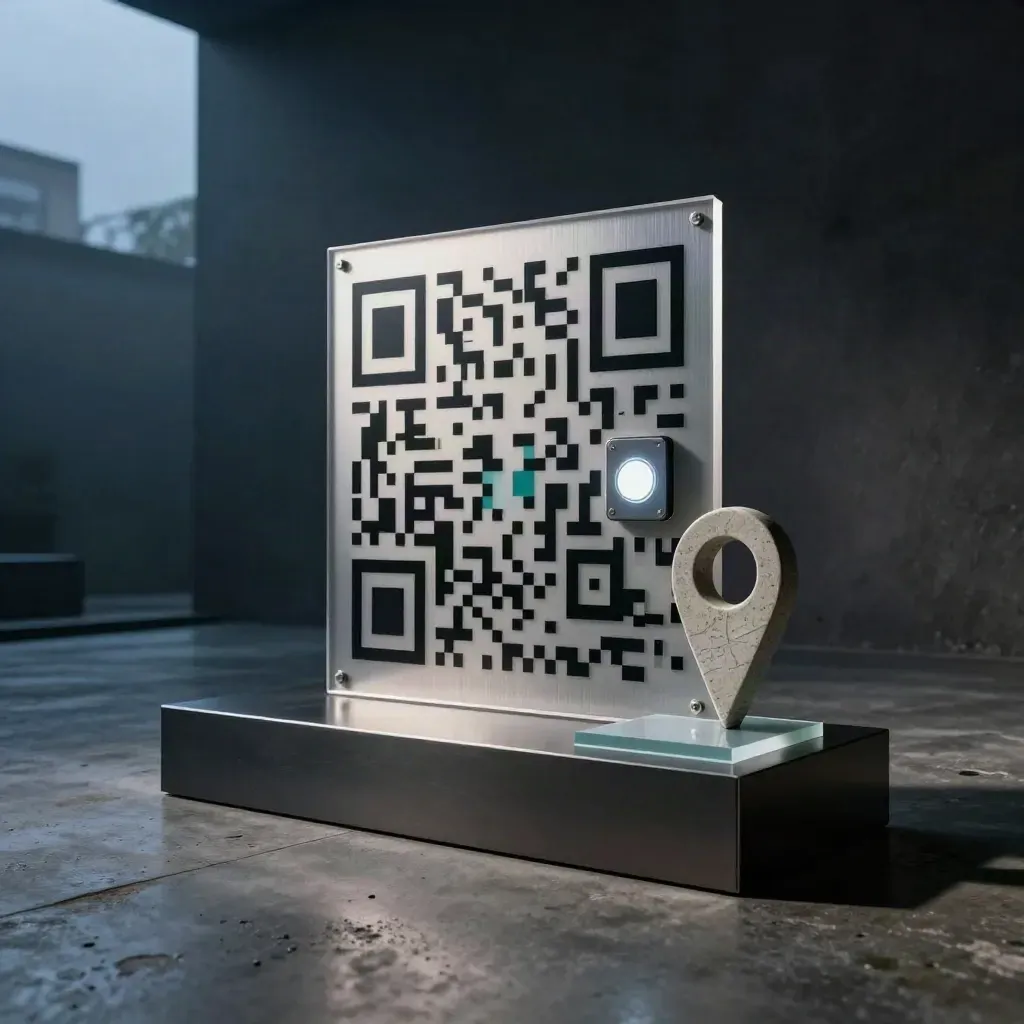Installazione premium con pannello QR, totem pin mappa e modulo richiamata in studio scuro.