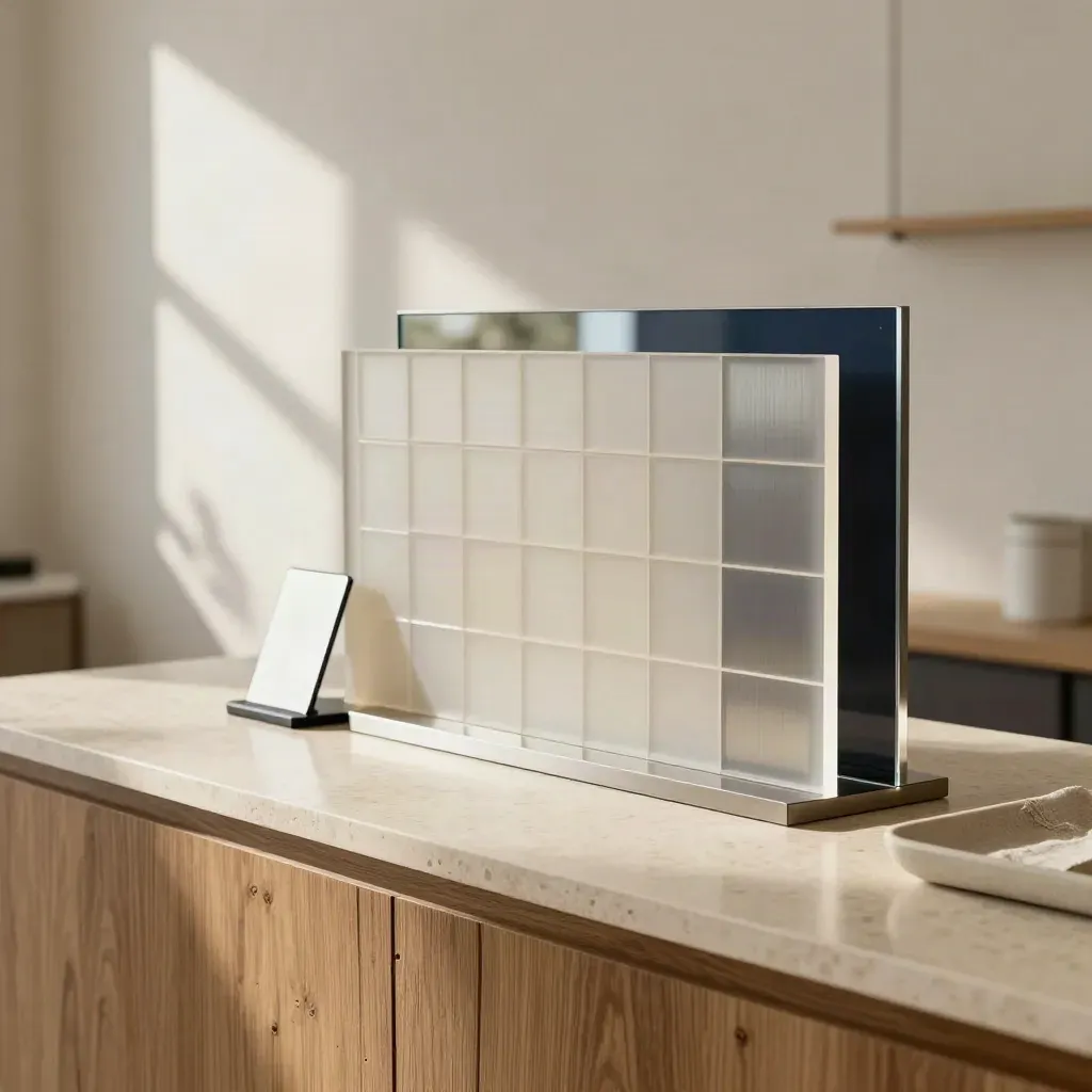 Ripiano reception con tessera profilo, porta-card e specchio in luce naturale.