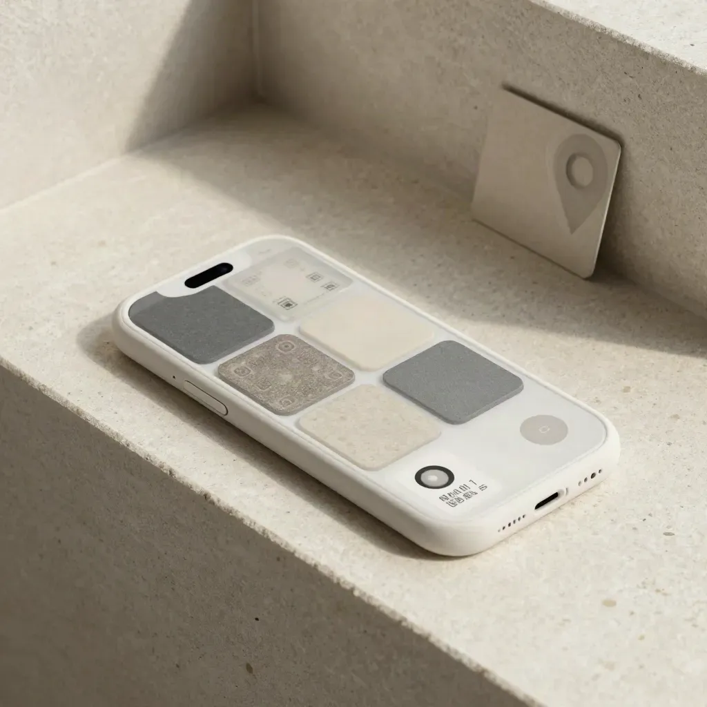 Tile modulari, sagoma di telefono e card QR su mensola in pietra, luce soffusa.
