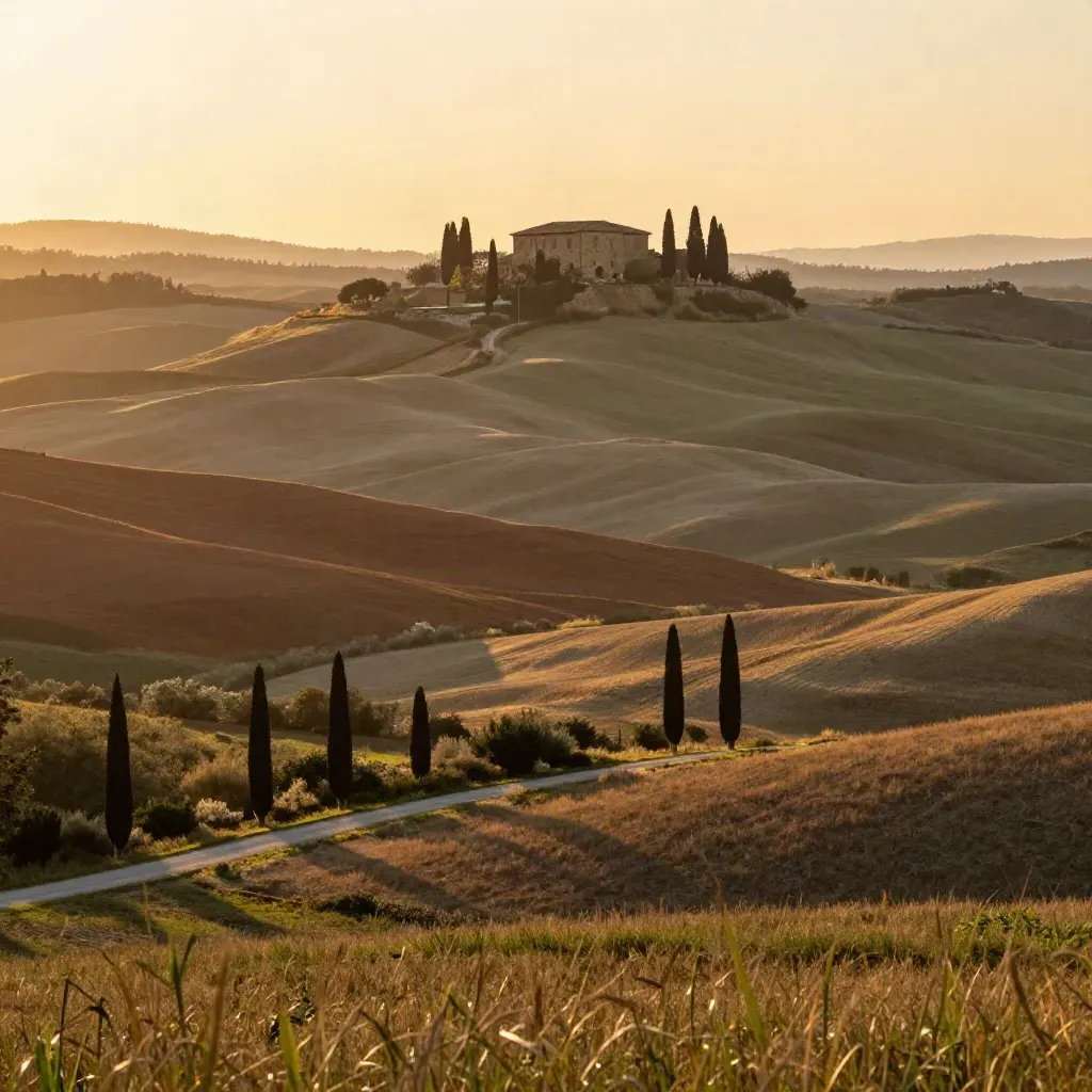 Colli della Val d’Orcia al tramonto con cipressi, villa lontana e strada tra i campi.